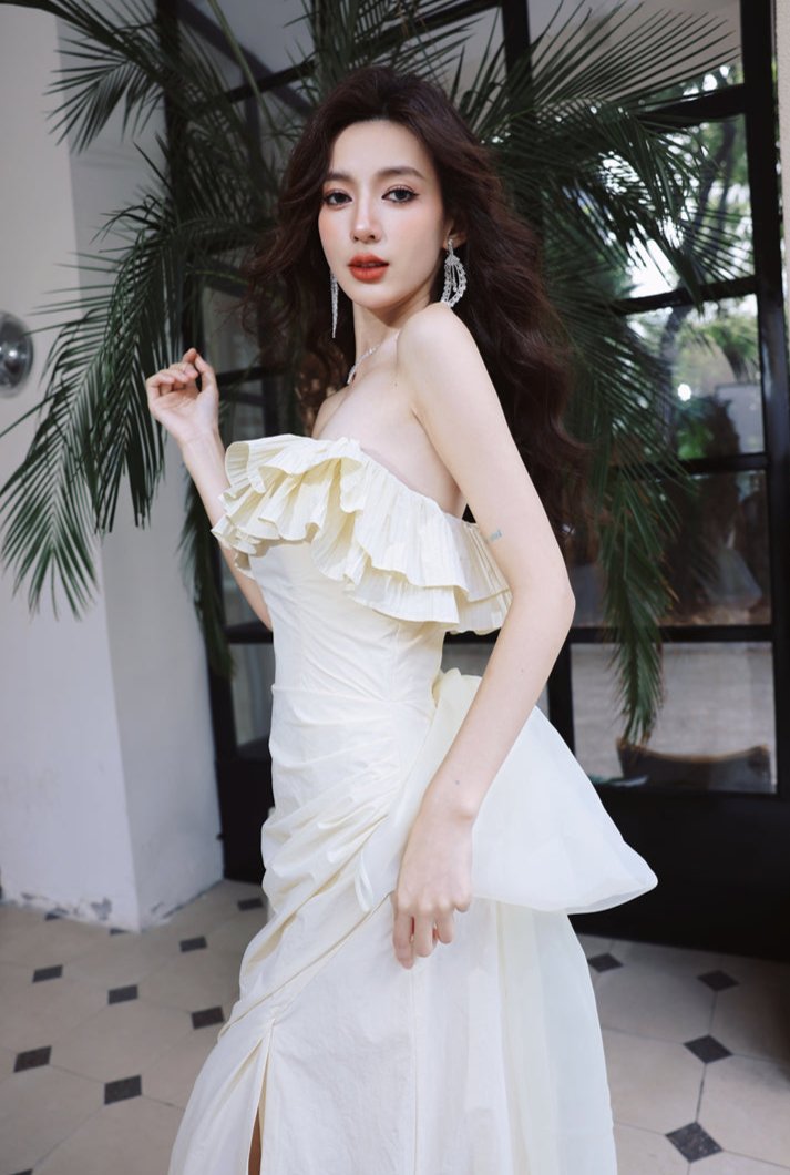 DOLLY Elegant Off White Ruffle Tube Top Long Pleated Wedding Guest Dress-VIVA