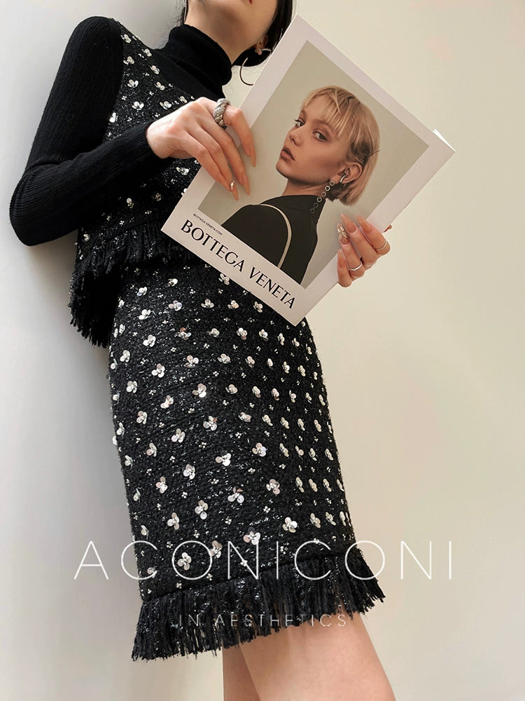 Aconiconi Marvel Star French vintage long short black tweed skirt top - Ceitr