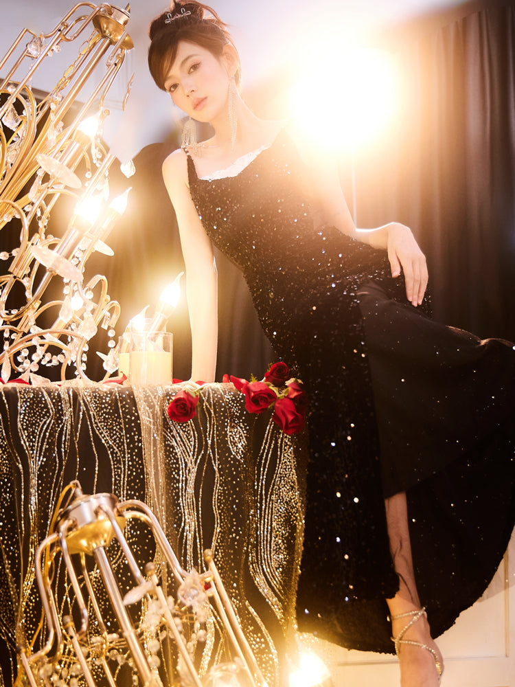 DOLLY Luxury Black Sleeveless Sequin High Waist Fish Tail Sexy Evening Dress-LYRA