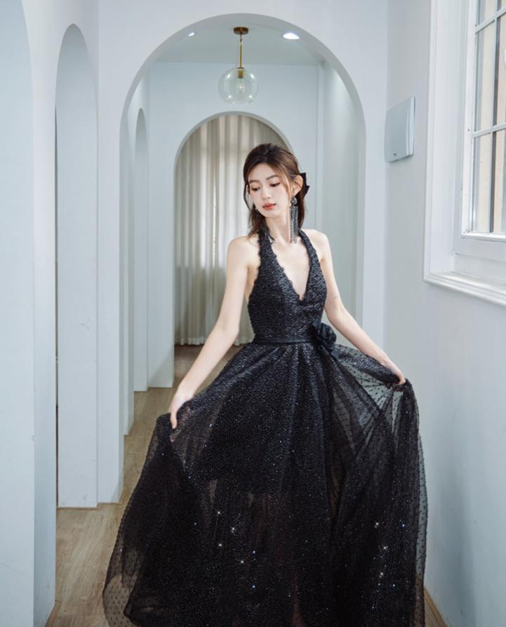 DOLLY Elegant Black French Style Polka Dot V-Neck Sleeveless Long Banquet Dress-IIENA