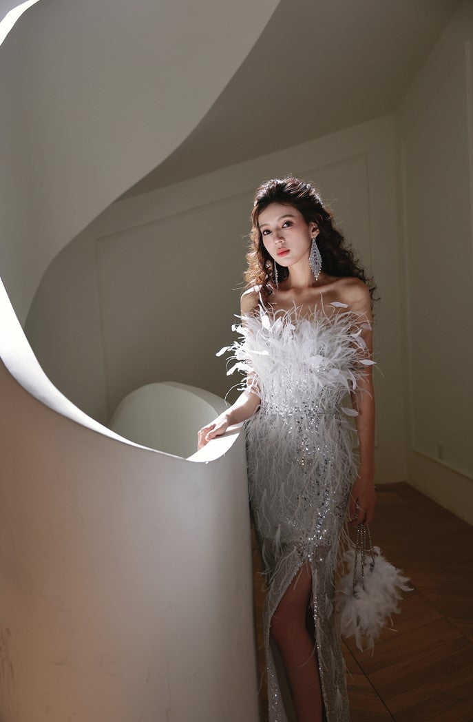 DOLLY Sliver White Feather Tube Top Long Slit Wedding Guest Dress-AGNES