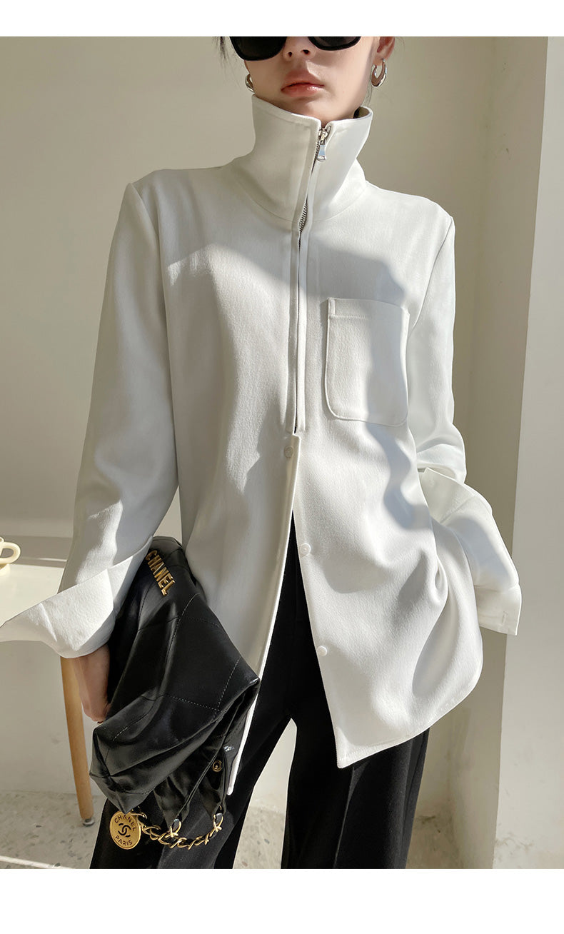 Half zipper white shirt women's autumn shirt- Tiloba