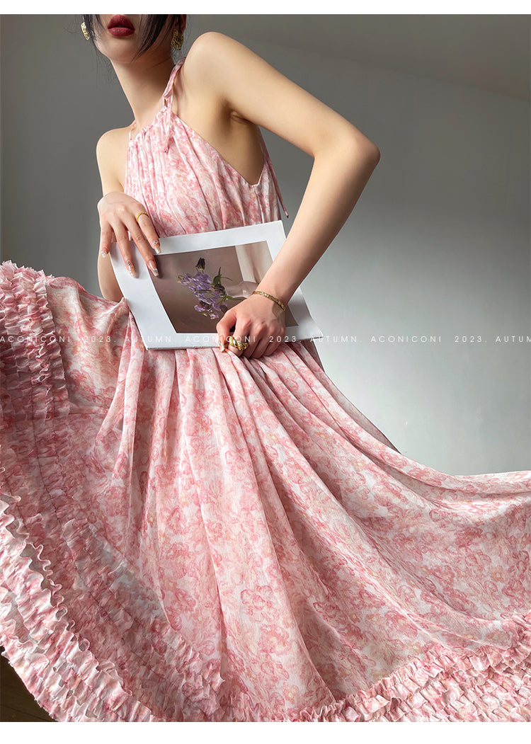 Aconiconi| halter-neck summer broken flowers vacation holiday style fairy dress - cherry blossom