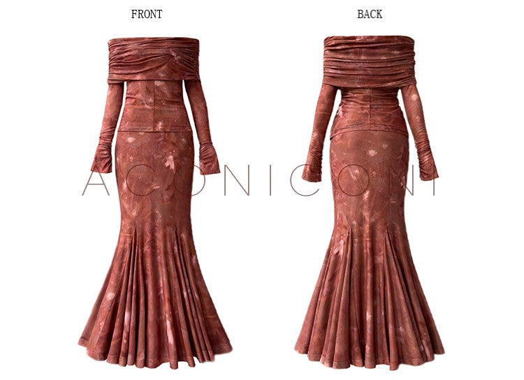 Aconiconi Luxury maxi fish Skirt Off shoulder top - Amber Sweet Tea