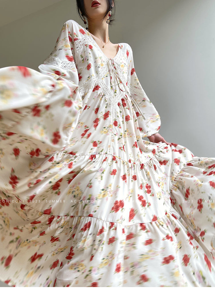 Aconiconi Luxury Yellow V-Neck Print Long Sleeve Loose Resort Dress- Huaye Mucheng