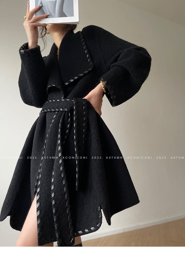 Aconiconi| Full wool coat classic double-sided wool woven belt coat -Nocturne