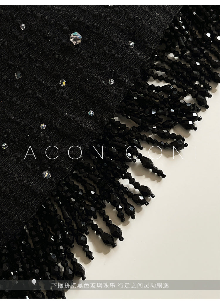Aconiconi Elegant Black Retro High Waist Diamond Tassel Chic Skirt- Shallow Light