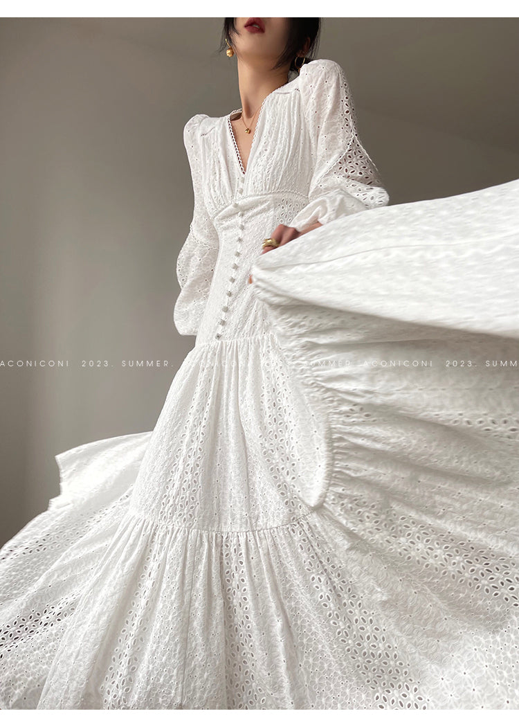 Aconiconi| French coffee break lace cotton white dress - Smoke