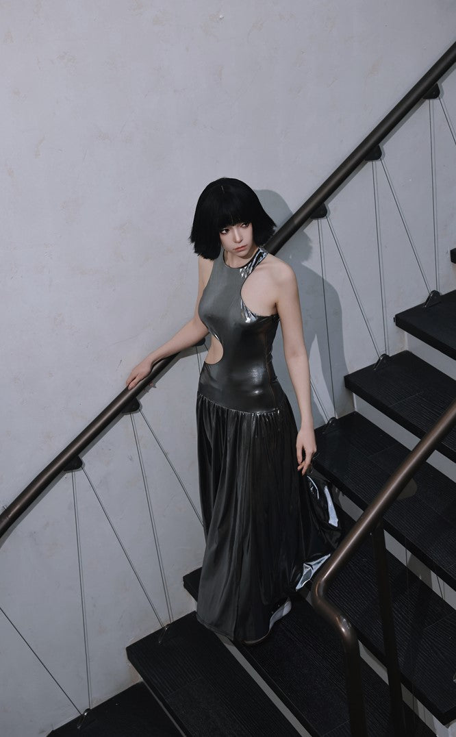DOLLY High End Liquid Sliver Grey Crew Neck Sleeveless Pleated Street Dress-LEZY