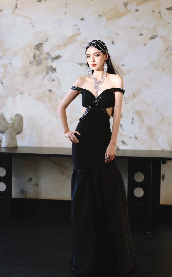 DOLLY High End Black Off Shoulder Sequin Tube Top Long Banquet Dress-Maris