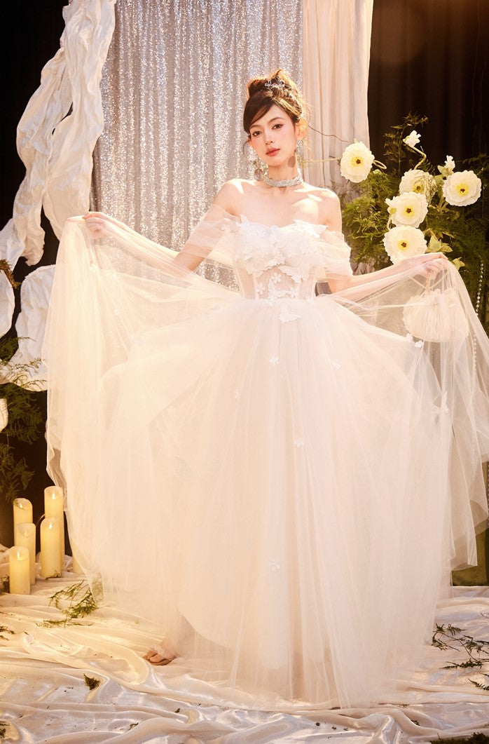 DOLLY Elegant White Off Shoulder Short Sleeve Flower Wedding Dress-SOPHIE (V)
