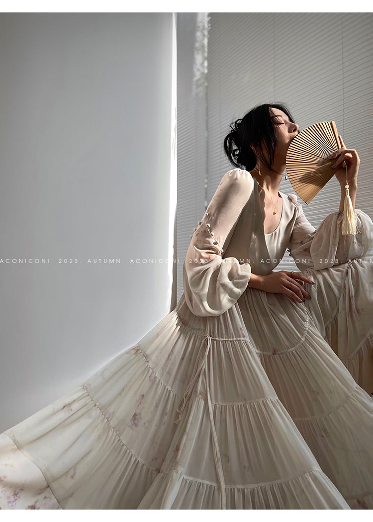 Aconiconi| French print fairy vacation loose chiffon long dress - Huanxi dream