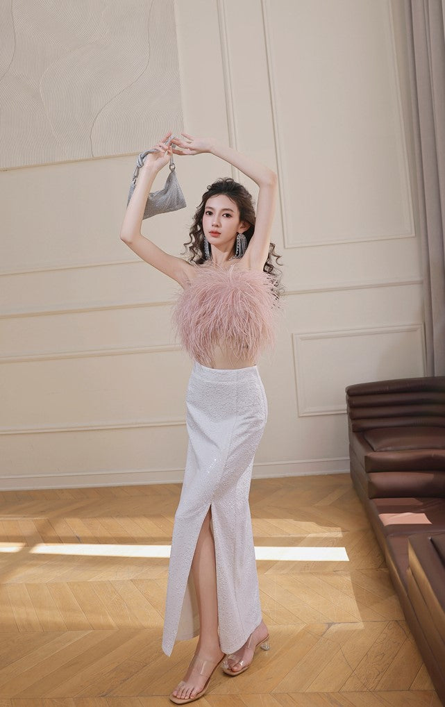 DOLLY Elegant Pink Fluffy Ostrich Feather Chic Tube Top-EMMA