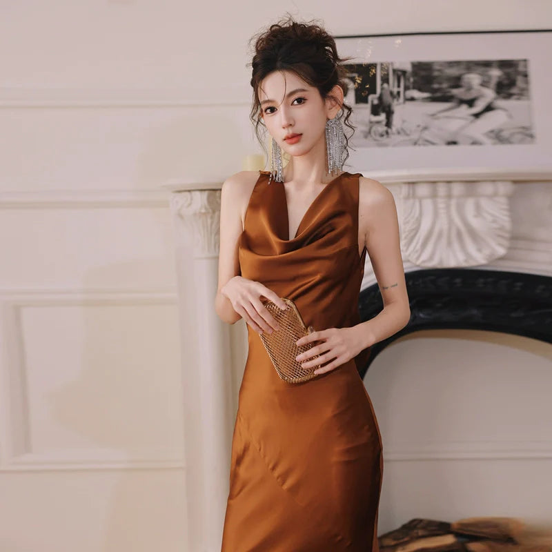 DOLLY Elegant Brown Retro Sleeveless Halter Neck Long Cocktail Dress-GIDDY