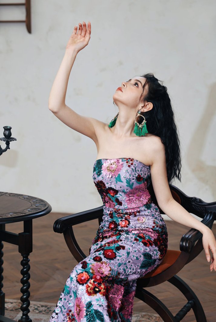 DOLLY Luxury Retro Purple Floral Embroidered Tube Top Long Sequin Party Dress-JOY