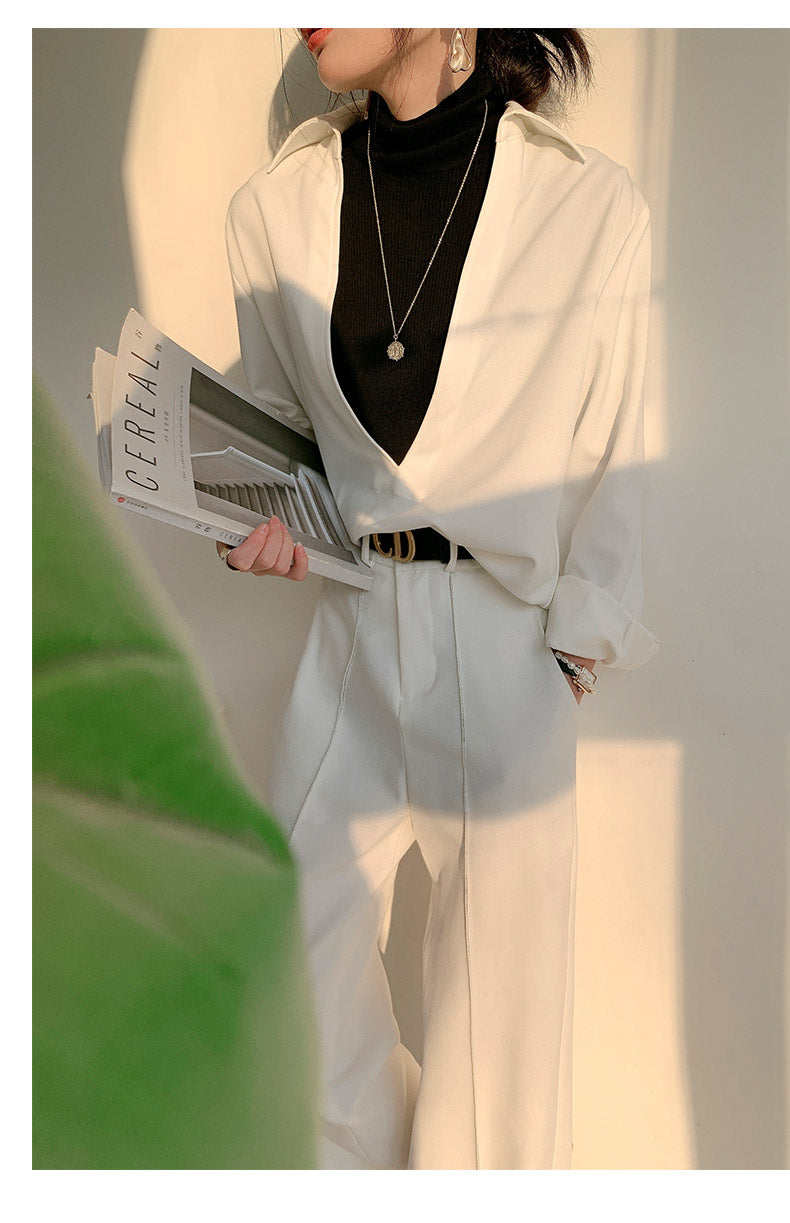 White V-neck v neck shirt long-sleeved shirt -Mmia
