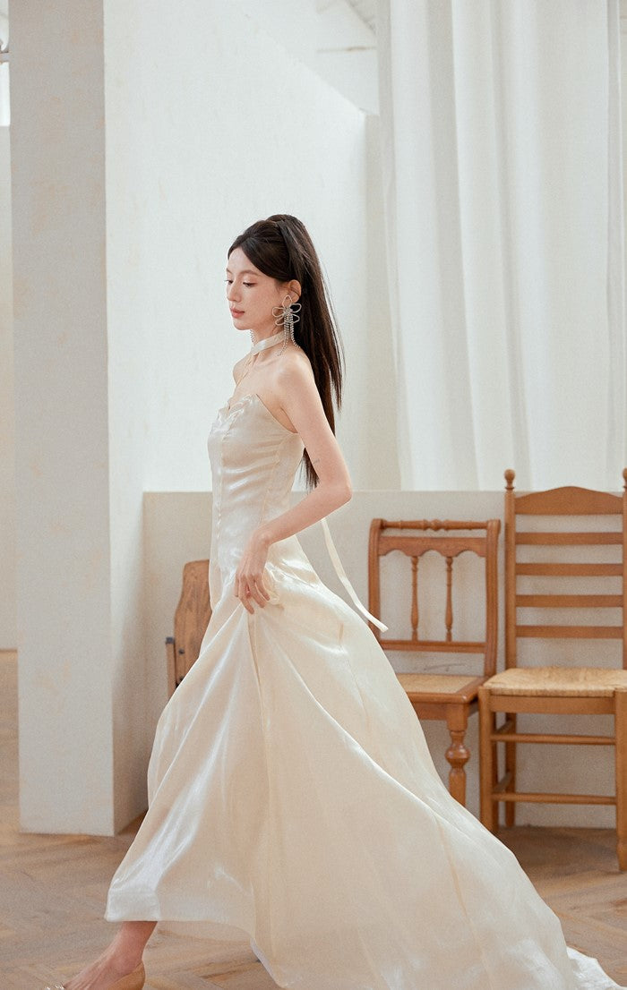 DOLLY High End Cream Sleeveless satin slip flow Wedding Dress-SONNI