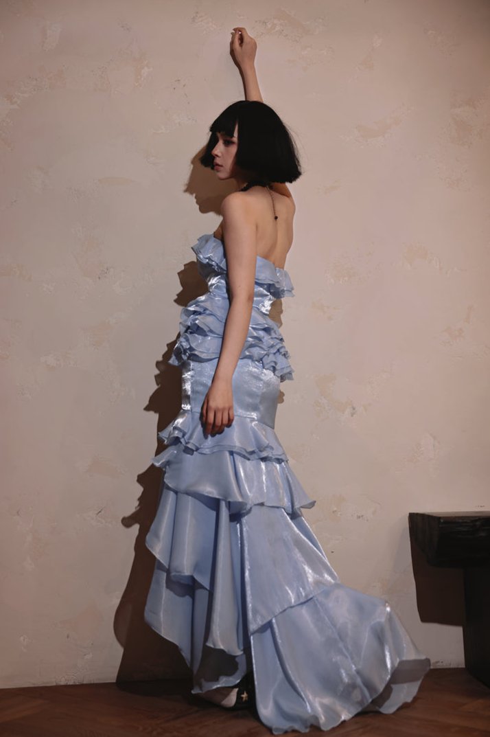 DOLLY High End Blue Chest Wrap Sleeveless Long Slit Ruffle Banquet Dress-MEHEK