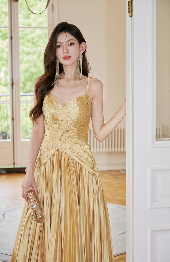 DOLLY Elegant Gold Sleeveless Beaded Pleated Large Swing Dress-GRACIA (V)