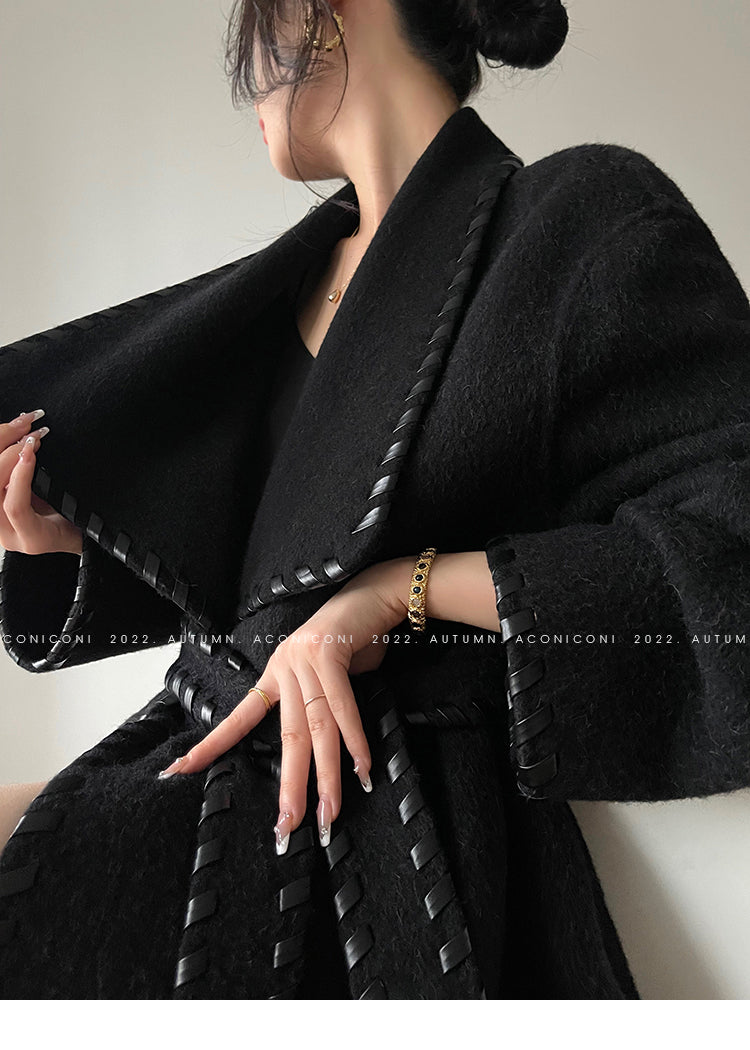 Aconiconi| Full wool coat classic double-sided wool woven belt coat -Nocturne