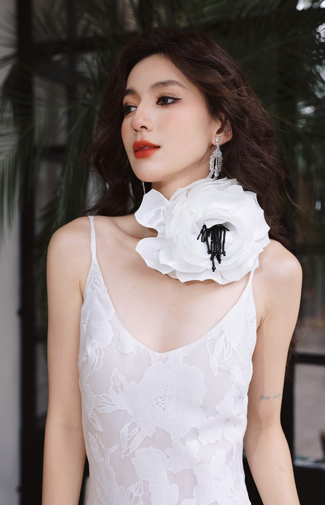 DOLLY Elegant White Flower Embroidery Lace Ruffle Layered Dinner Dress-DAISY (V)