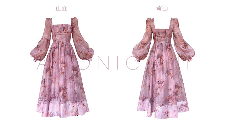 Aconiconi| French dress printed fairy long sleeves dress -Begonia Never Sleeps