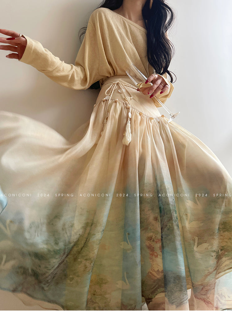 Aconiconi| Louvre Picture Reflection printed halter neck maxi skirt vacation dress - Miinia