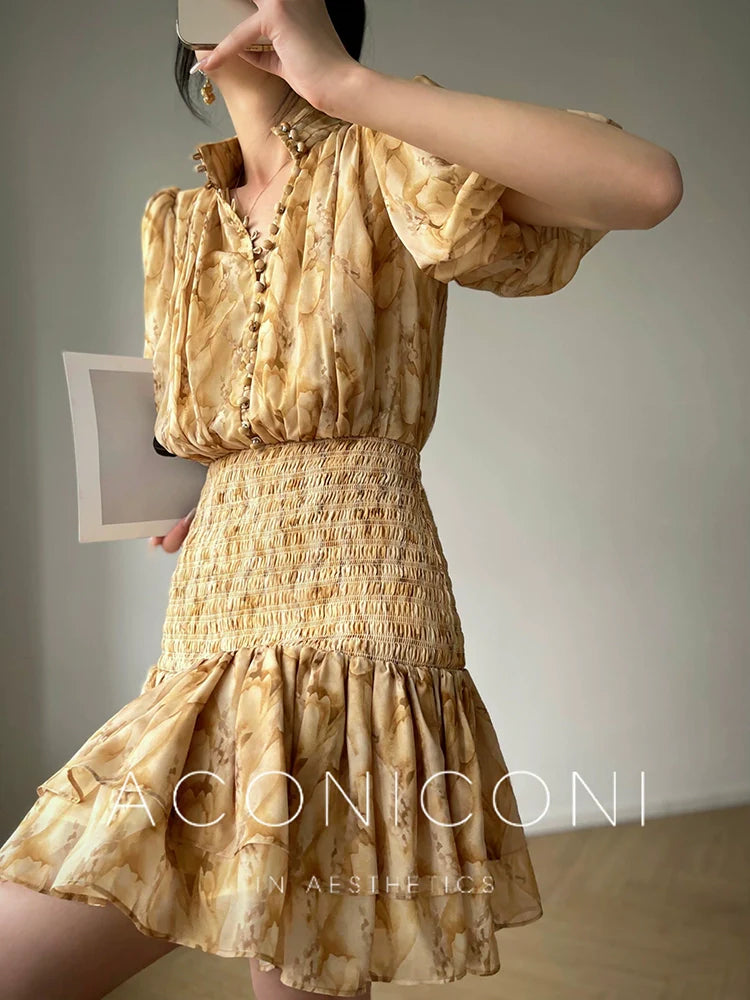 Aconiconi V-Neck Short Sleeve Dress- Pineapple Tower