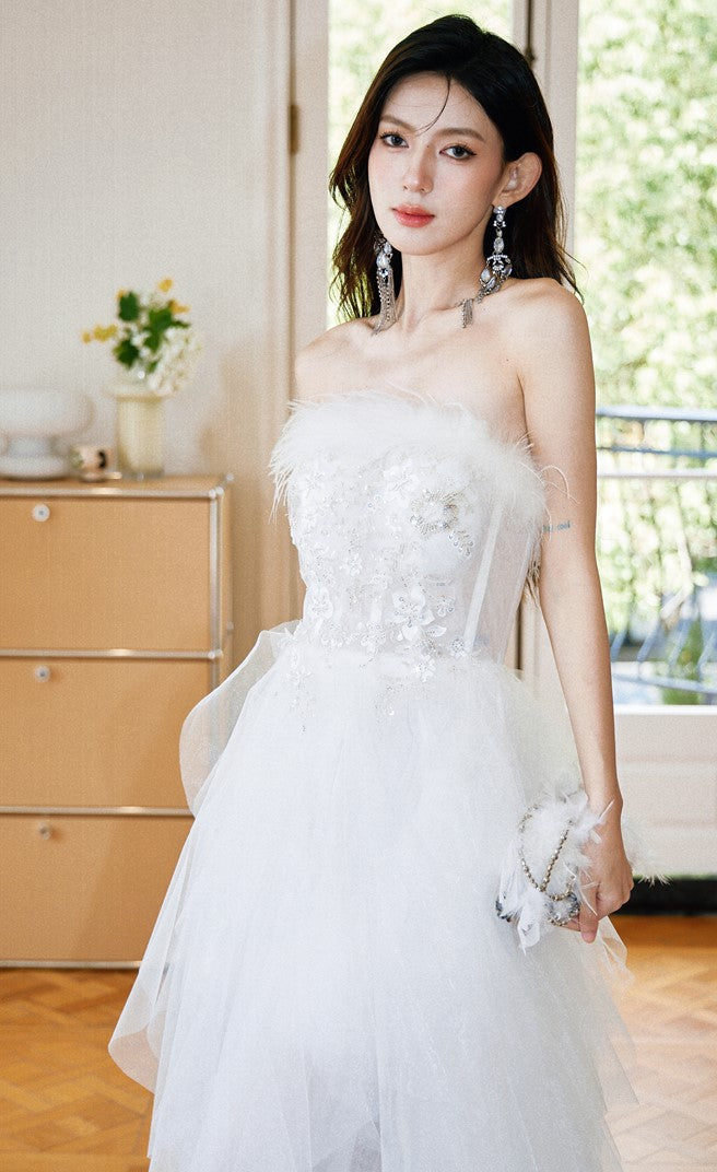 DOLLY Elegant White French Style Feather Chest Wrap Wedding Dress-MARIA (V)