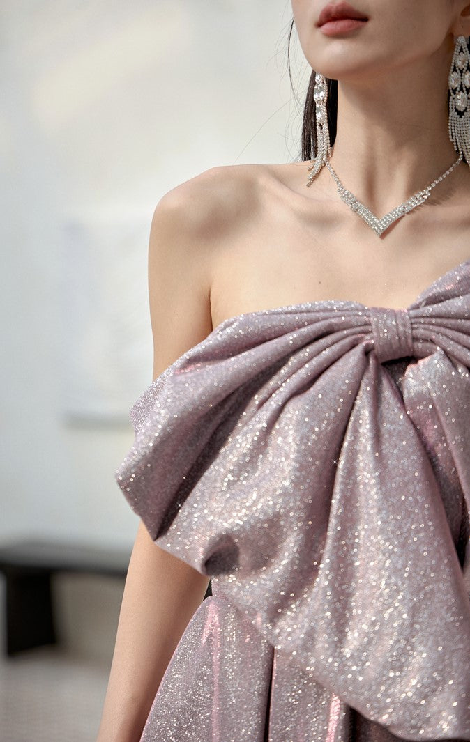DOLLY Elegant Purple Off Shoulder Bow Sequin Long High Waist Cocktail Dress-TESSA (V)