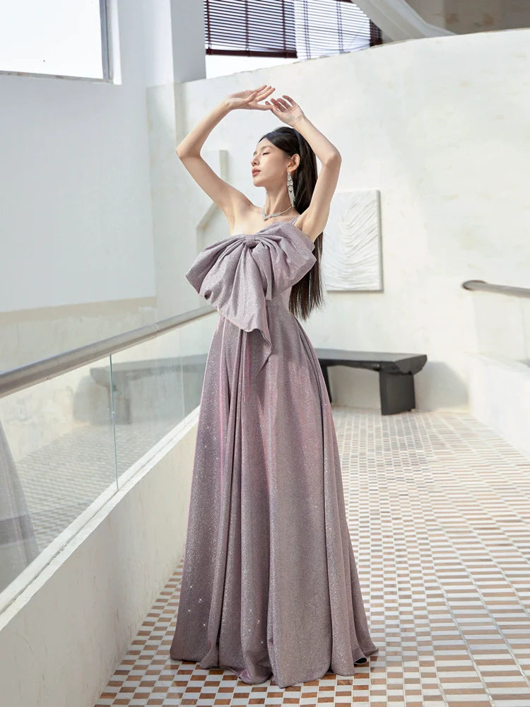 DOLLY Elegant Purple Off Shoulder Bow Sequin Long High Waist Cocktail Dress-TESSA (V)