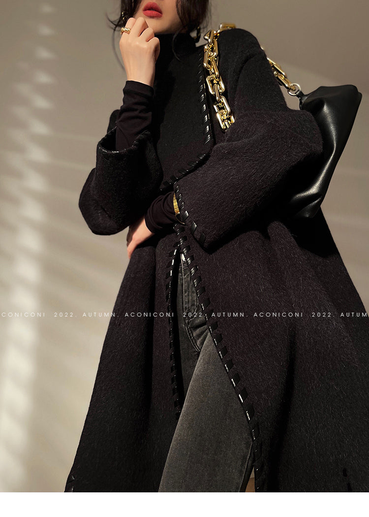Aconiconi| Full wool coat classic double-sided wool woven belt coat -Nocturne