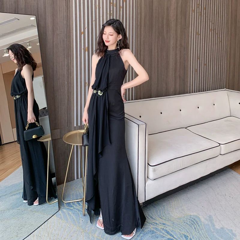 Dolly Elegant Retro Style Black Sleeveless Halter Neck Long Chiffon Dress S / Black Dolly Elegant Retro Style Black Sleeveless Halter Neck Long Chiffon Dress S / Black