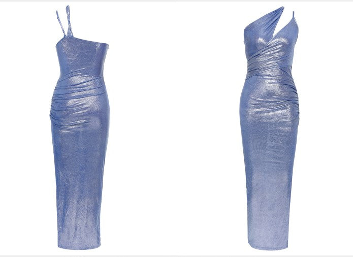 DOLLY Elegant Electric Blue Off Shoulder Halter Neck Dinner Dress-JU (V)