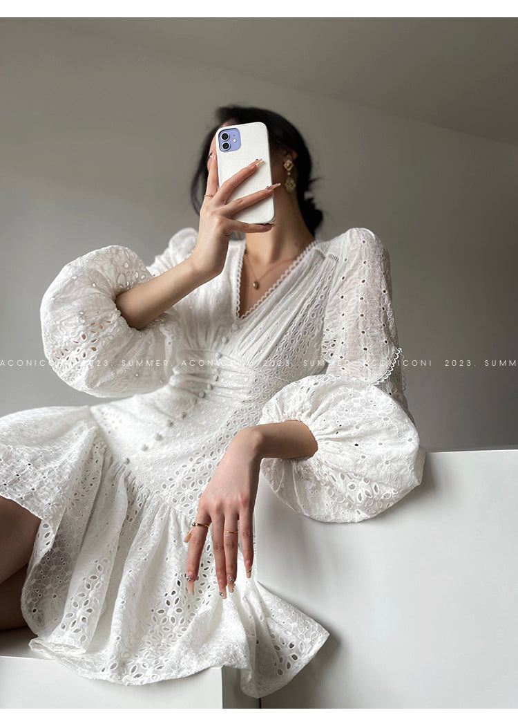 Aconiconi| French coffee break lace cotton white dress - Smoke