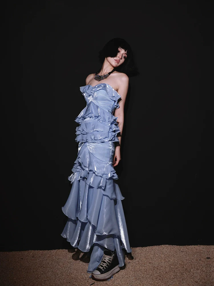 DOLLY High End Blue Chest Wrap Sleeveless Long Slit Ruffle Banquet Dress-MEHEK