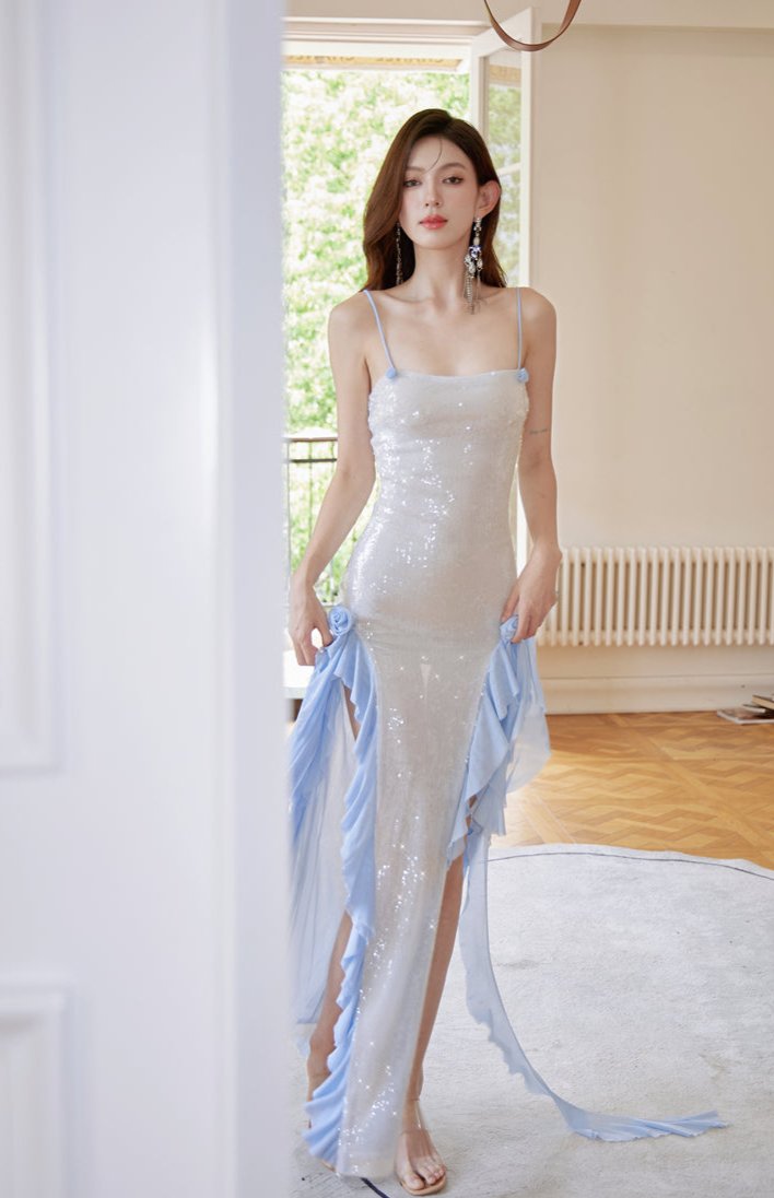 DOLLY Luxury Blue/Pink Sleeveless Sequin Suspender Celebrity Style Dress-FANI
