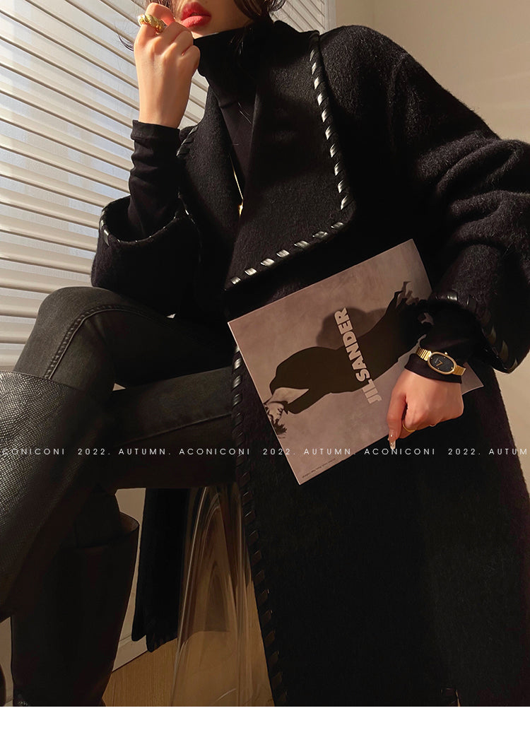 Aconiconi| Full wool coat classic double-sided wool woven belt coat -Nocturne