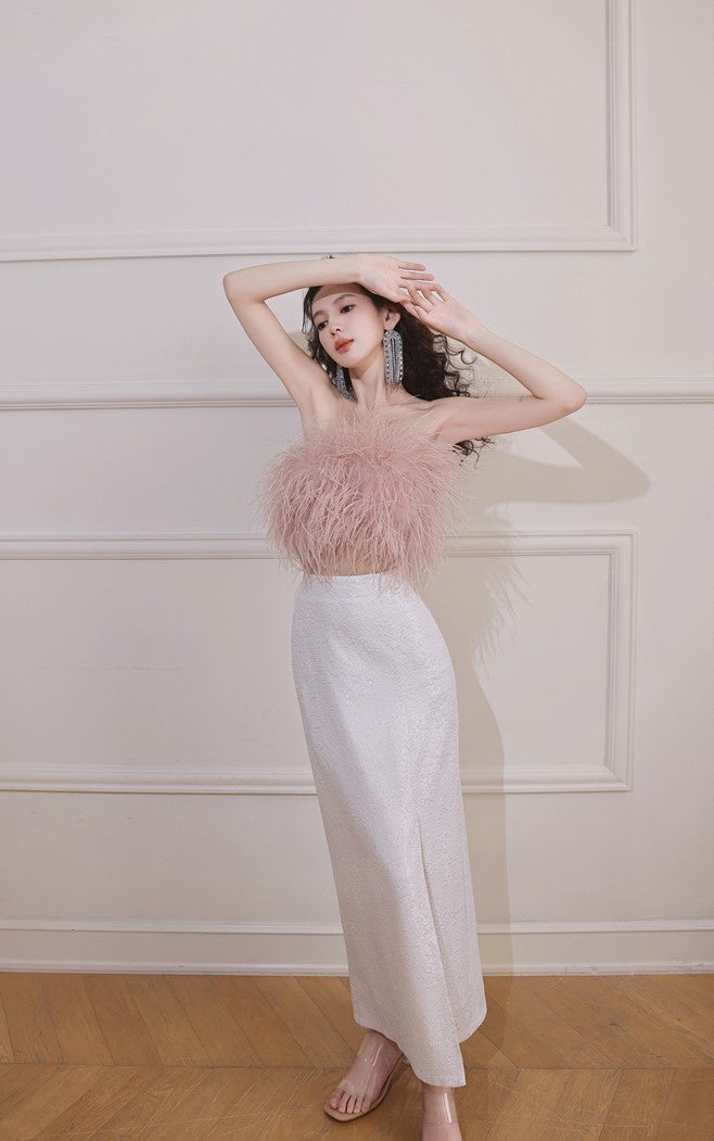 DOLLY Elegant Pink Fluffy Ostrich Feather Chic Tube Top-EMMA