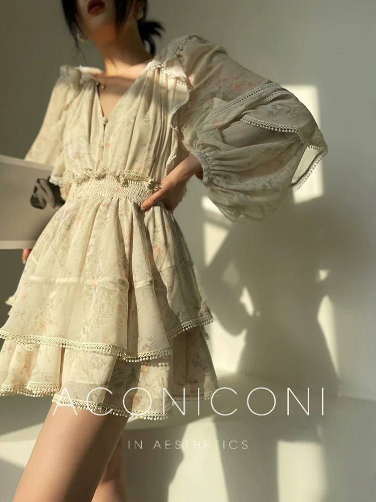 Aconiconi Elegant V-Neck Palace Sleeve Short layered  Dress-Lanshan Qimeng
