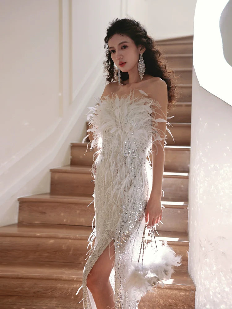 DOLLY Sliver White Feather Tube Top Long Slit Wedding Guest Dress-AGNES