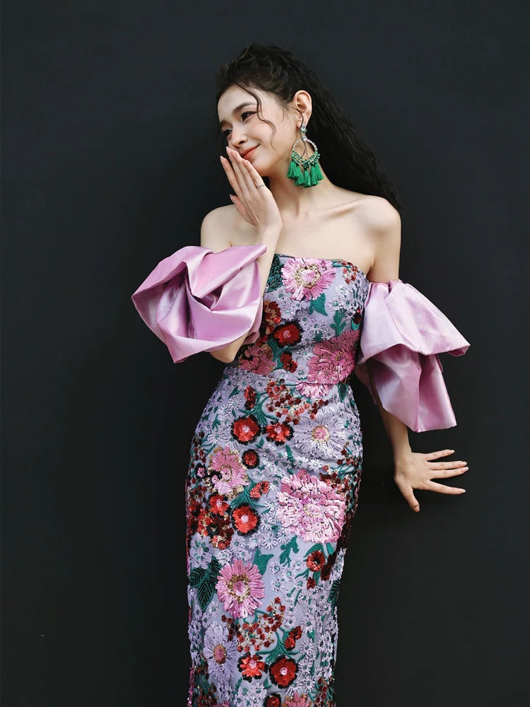 DOLLY Luxury Retro Purple Floral Embroidered Tube Top Long Sequin Party Dress-JOY