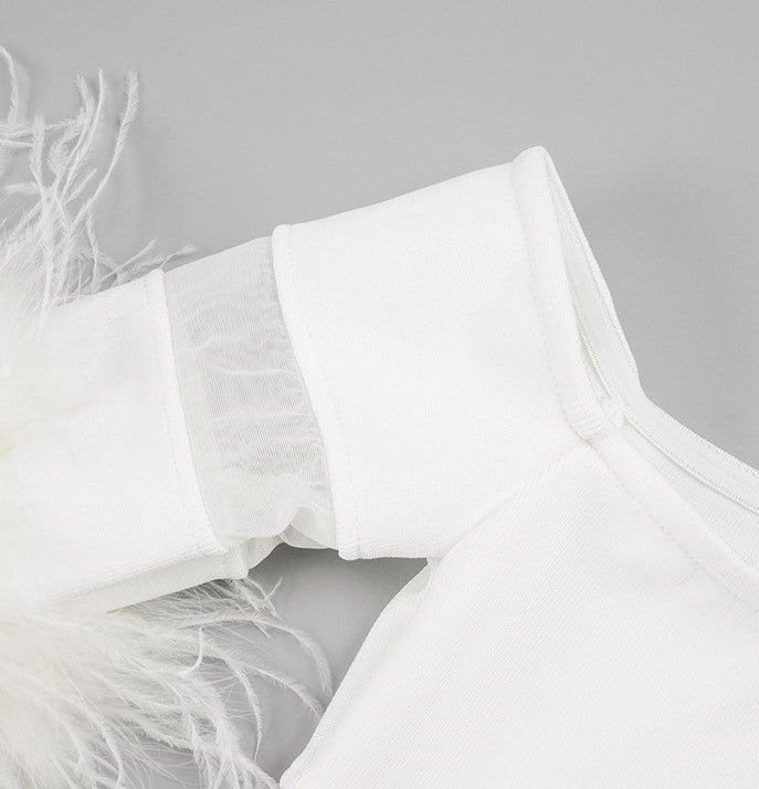 DOLLY Elegant White French Style Off Shoulder Feather Long Sleeves Slim Fit Dress-DAISIES(V)