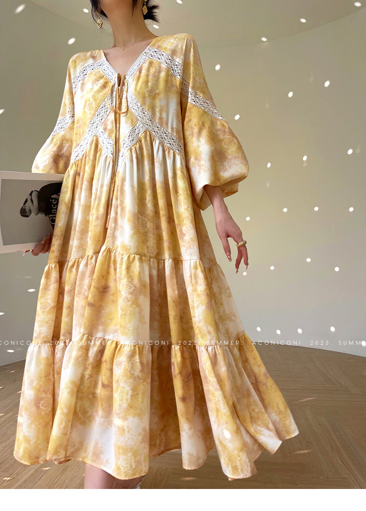 Aconiconi Luxury Yellow V-Neck Print Long Sleeve Loose Resort Dress- Huaye Mucheng