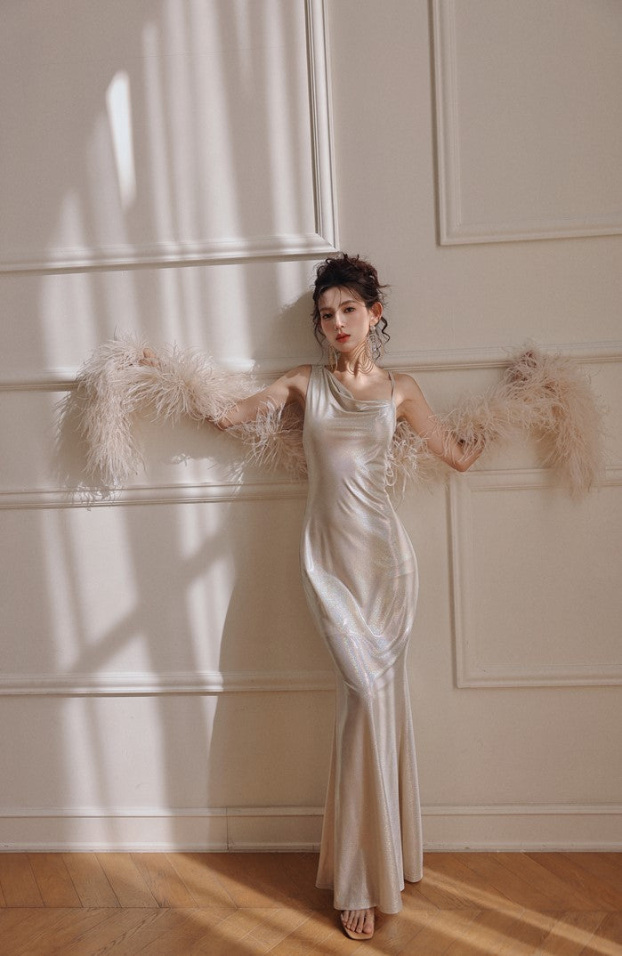 DOLLY Luxury Sliver Sleeveless Glitter Slim Fit Long Banquet Dress-SWATTIE
