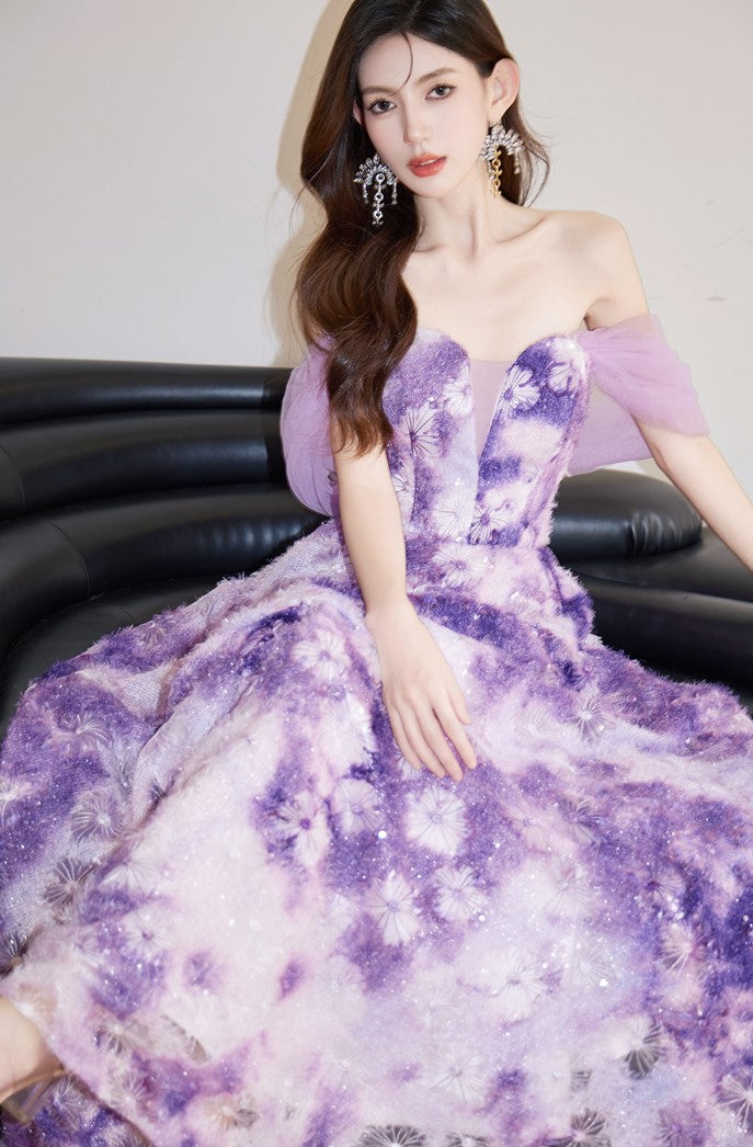 DOLLY Elegant Purple Off Shoulder Short Sleeve Print Long Loose Dress-ABUELA