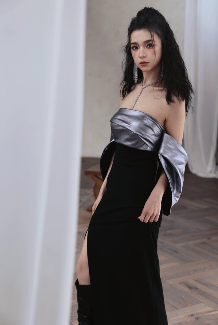 DOLLY High End Sliver/Black Off Shoulder strapless Long Cocktail Dress-MILAN