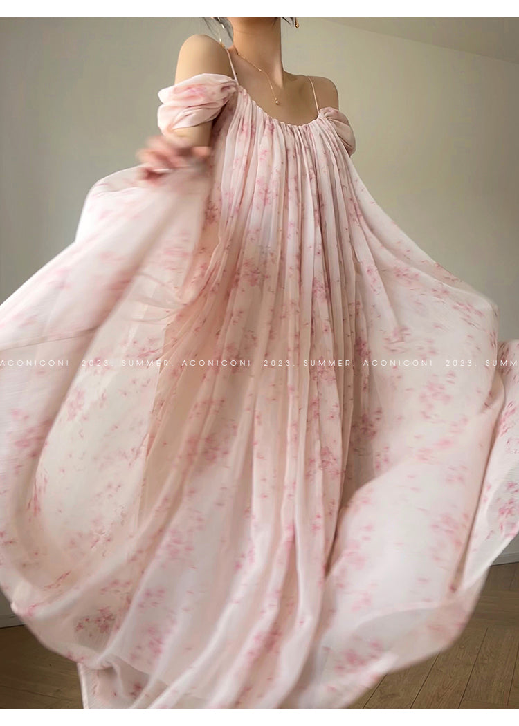 Aconiconi Broken floral slip birdgertons inspired loose dress -Fuso Hibiscus