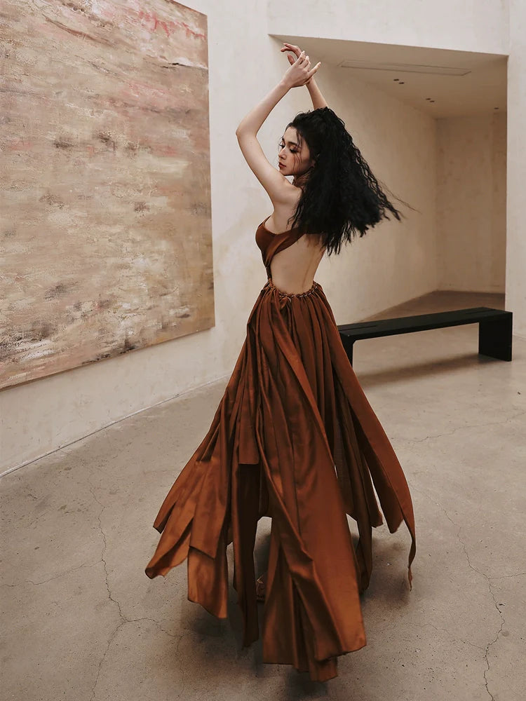DOLLY Elegant Brown Halter Neck Loose High Waist Pleated Resort Dress-VEe