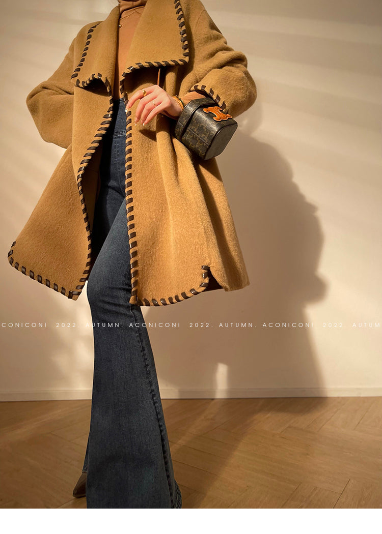 Aconiconi| Full wool coat classic double-sided wool woven belt coat -Nocturne